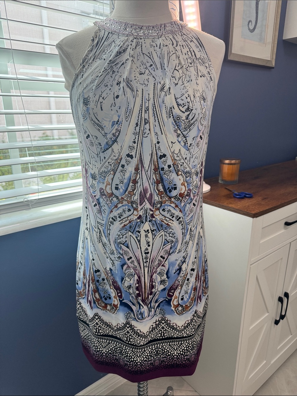 White House Black Market Sleeveless Printed Halter Dress in White and Blue